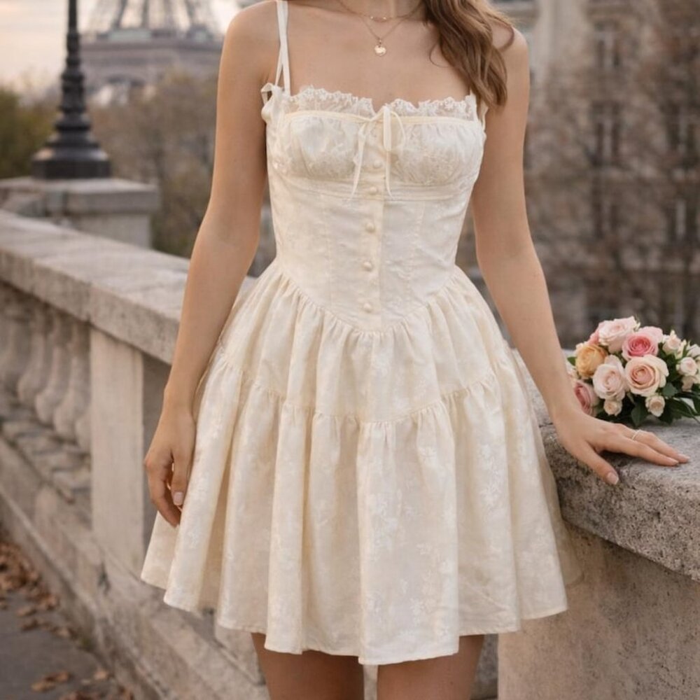 Romantic Ivory Lace Mini Dress | Cottagecore Corset Style | Feminine Summer Dres